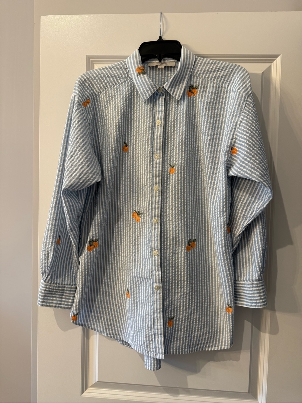 LOFT Light Blue and White Striped Button-Down with Orange Embroidery